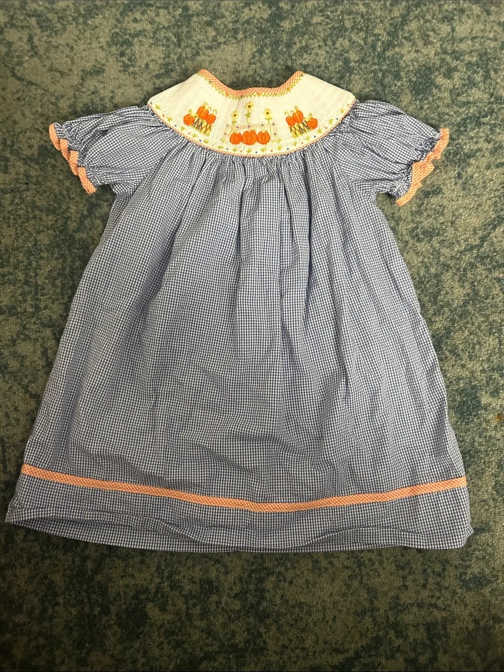 Blue Gingham Pumpkin Smocked Kids Dress with Peach Trim